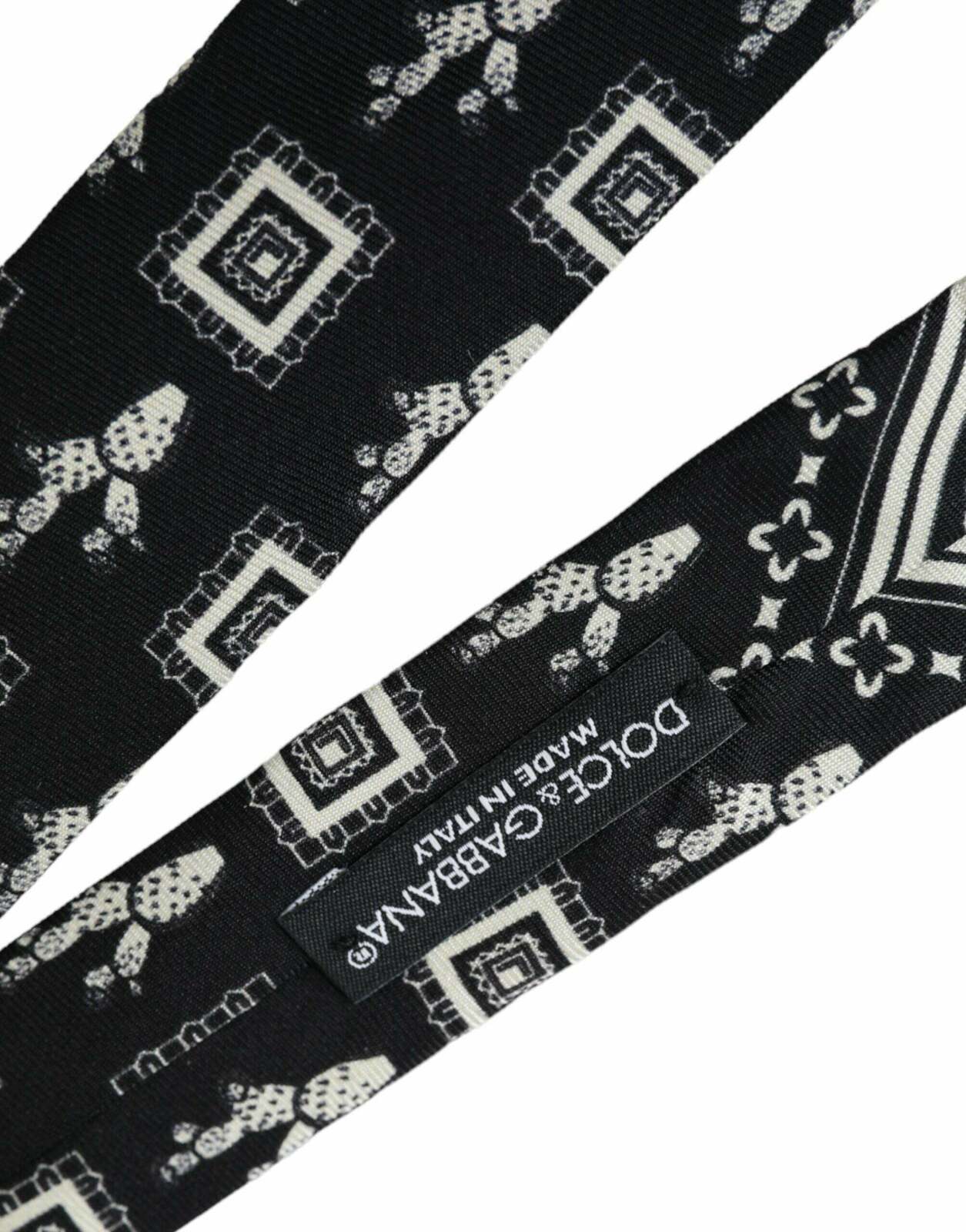 Patterned 100% Silk Adjustable Tie - Black and White / One Size