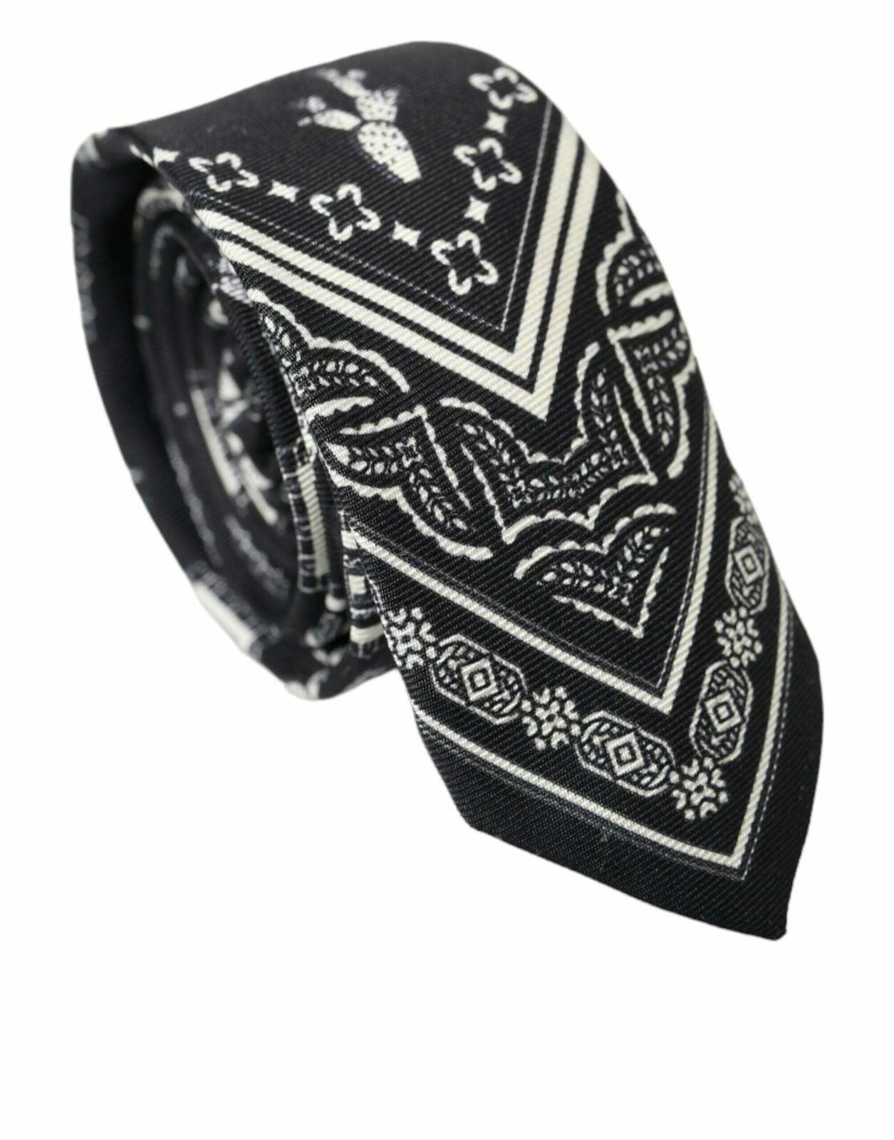 Patterned 100% Silk Adjustable Tie - Black and White / One Size