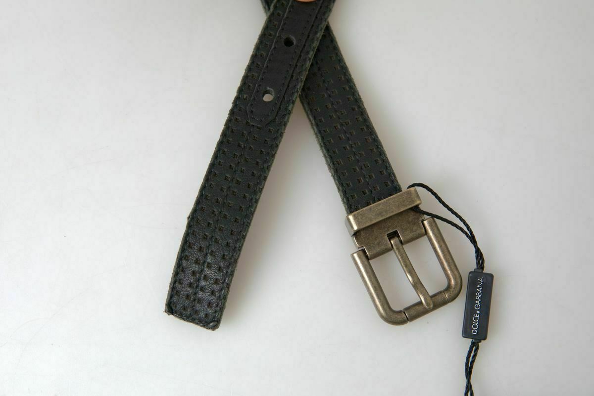 Perforated Gold Buckle Leather Belt - Black / 95 cm