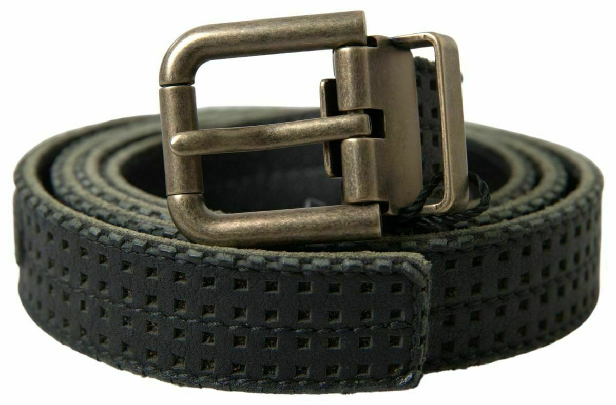 Perforated Gold Buckle Leather Belt - Black / 95 cm