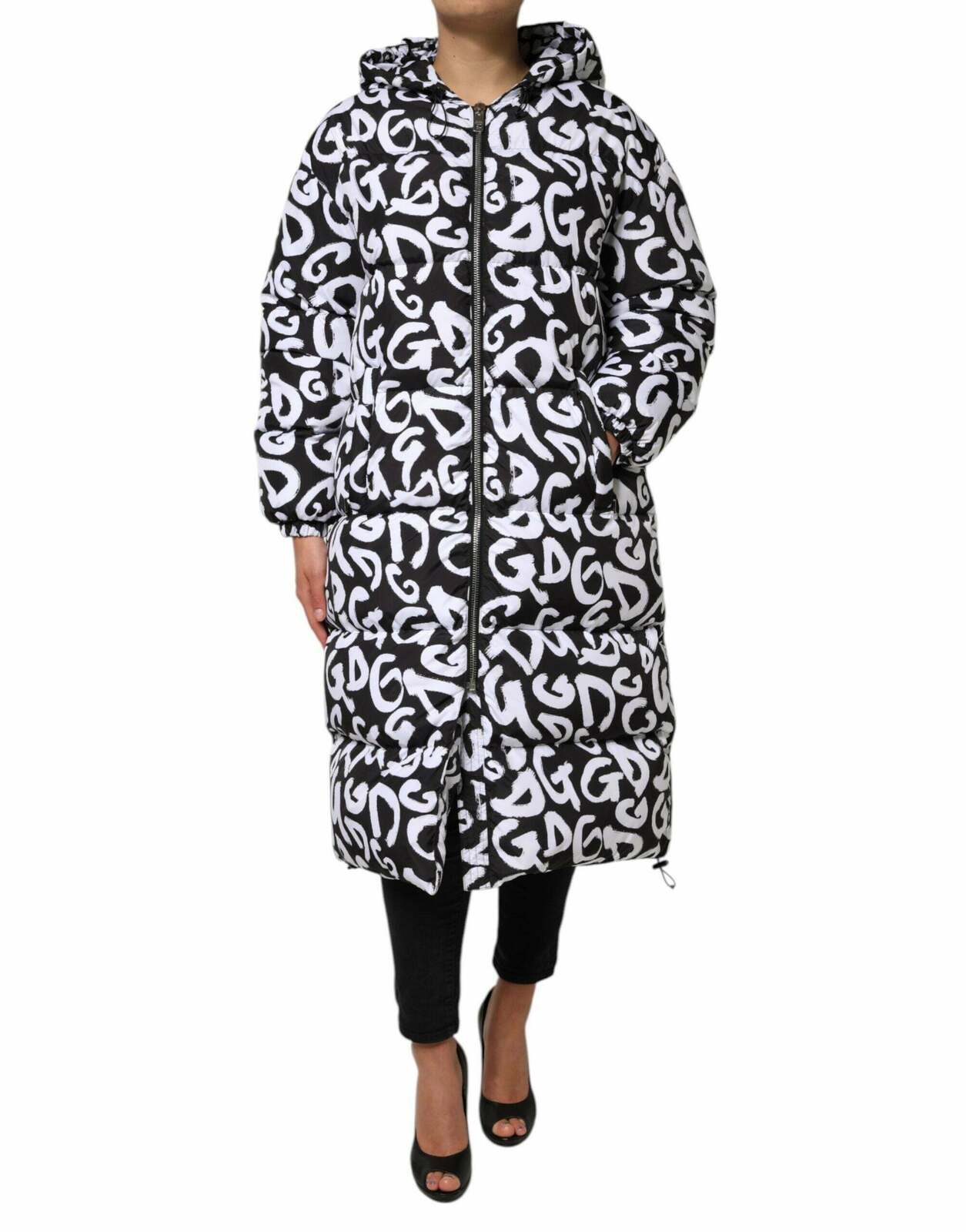 Hooded DG Mania Puffer Long Coat Jacket with Zipper Closure - BlackWhite / 40 IT