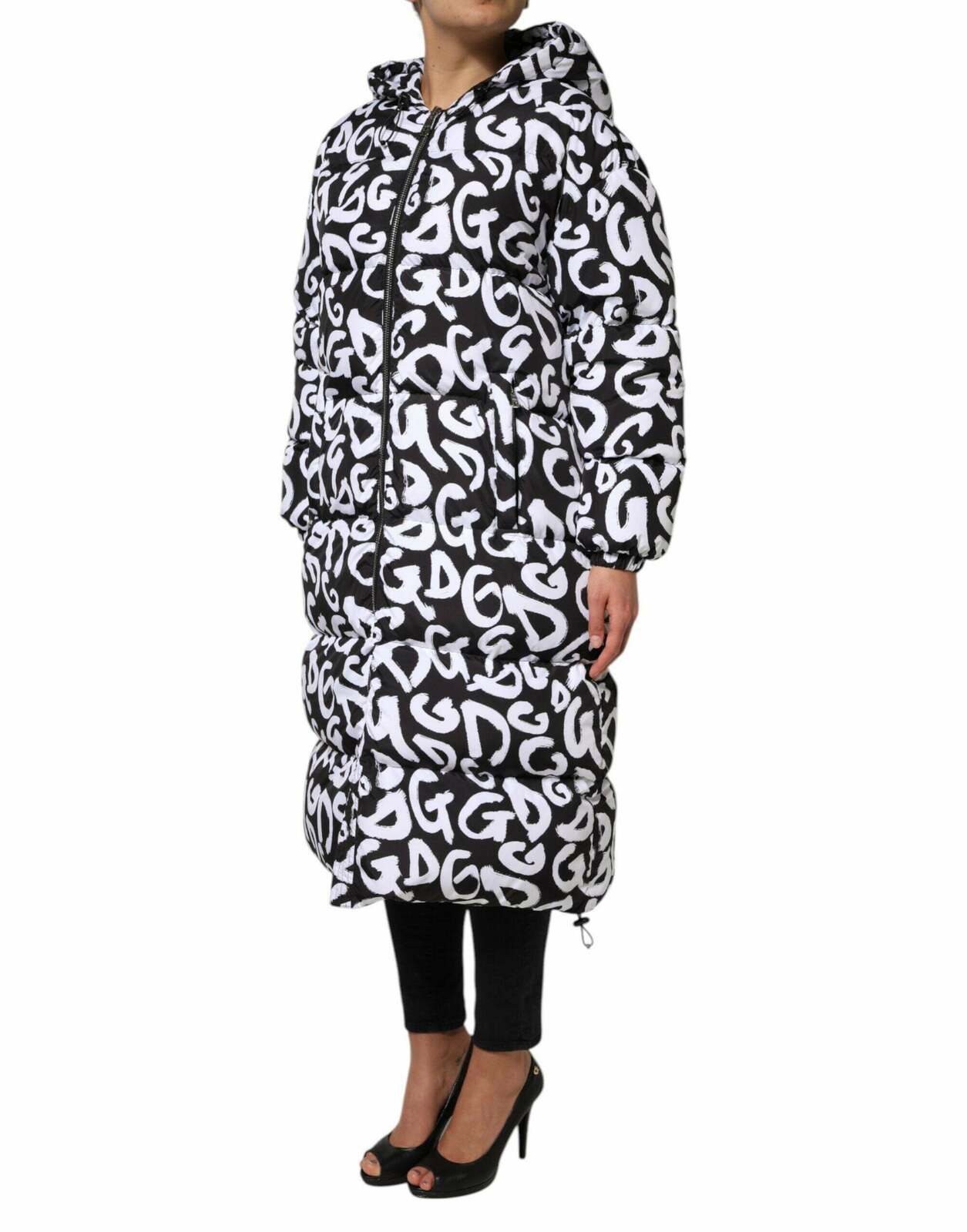 Hooded DG Mania Puffer Long Coat Jacket with Zipper Closure - BlackWhite / 40 IT