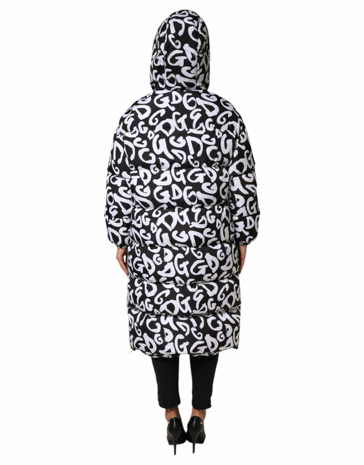 Hooded DG Mania Puffer Long Coat Jacket with Zipper Closure - BlackWhite / 40 IT