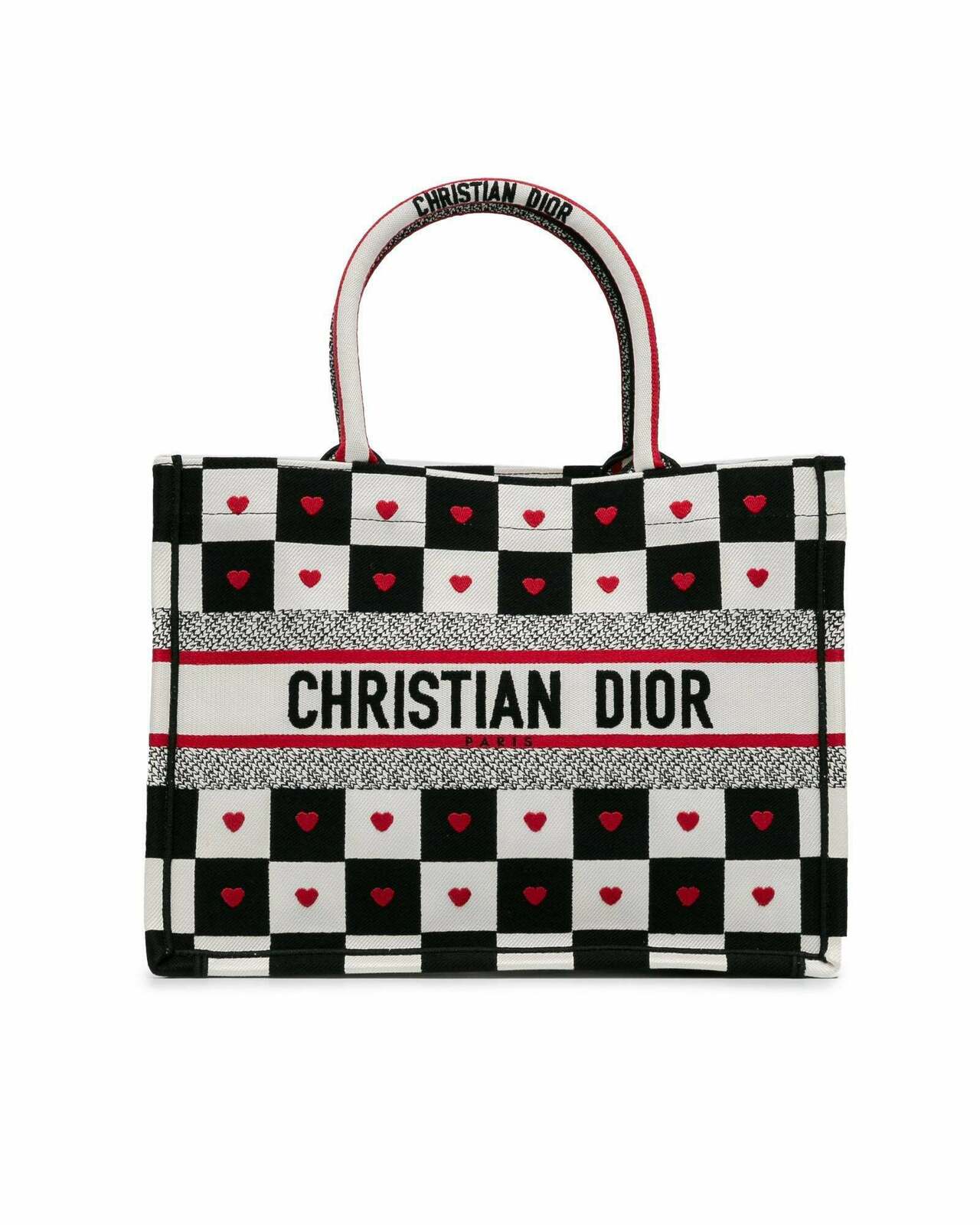 Dior Book Tote Checkerboard Heart BlackWhiteRed - White / One Size