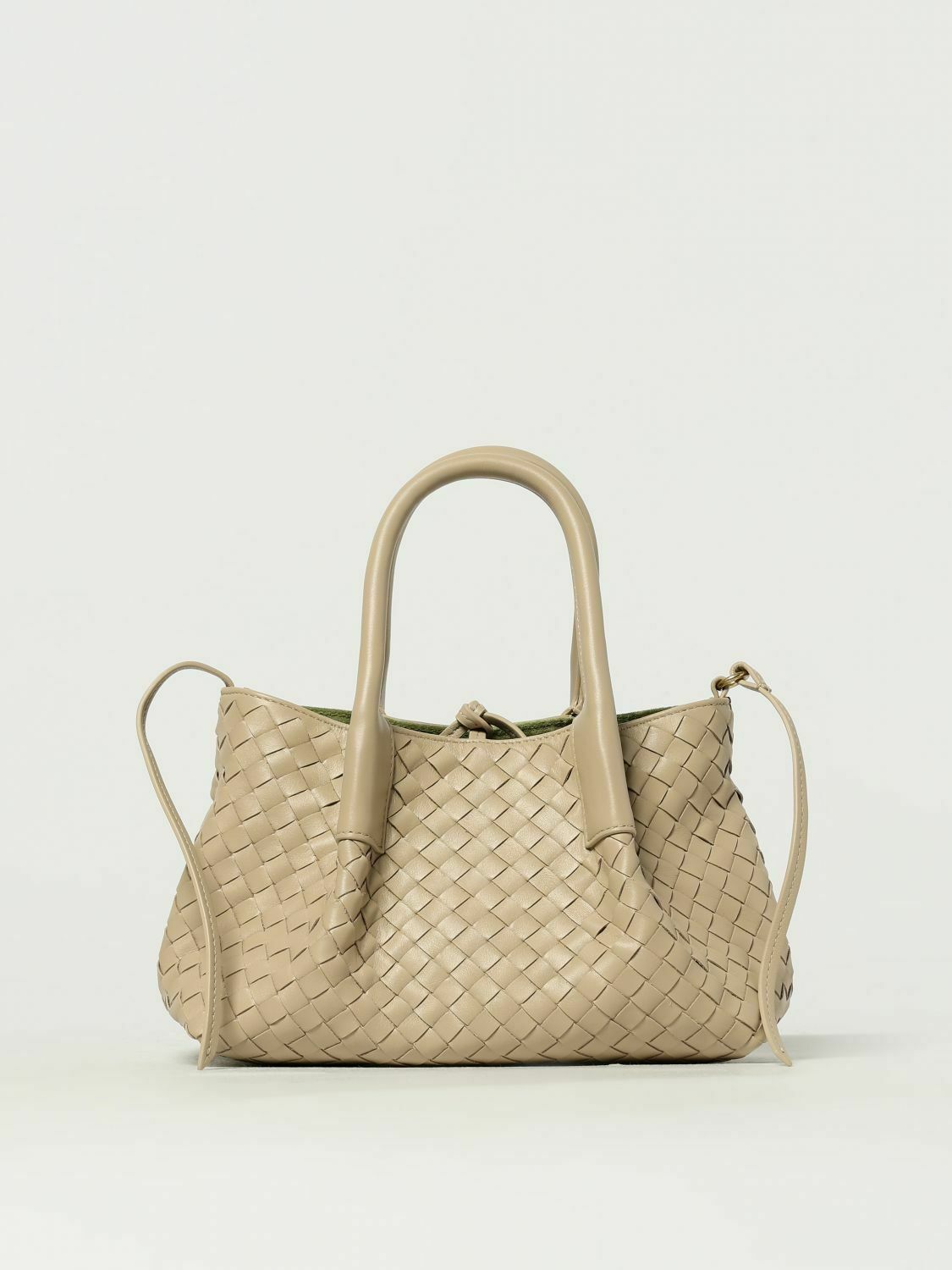 Leather Handbag with Intrecciato Weave and Top Handles Interior Pocket - Ecru / U EU
