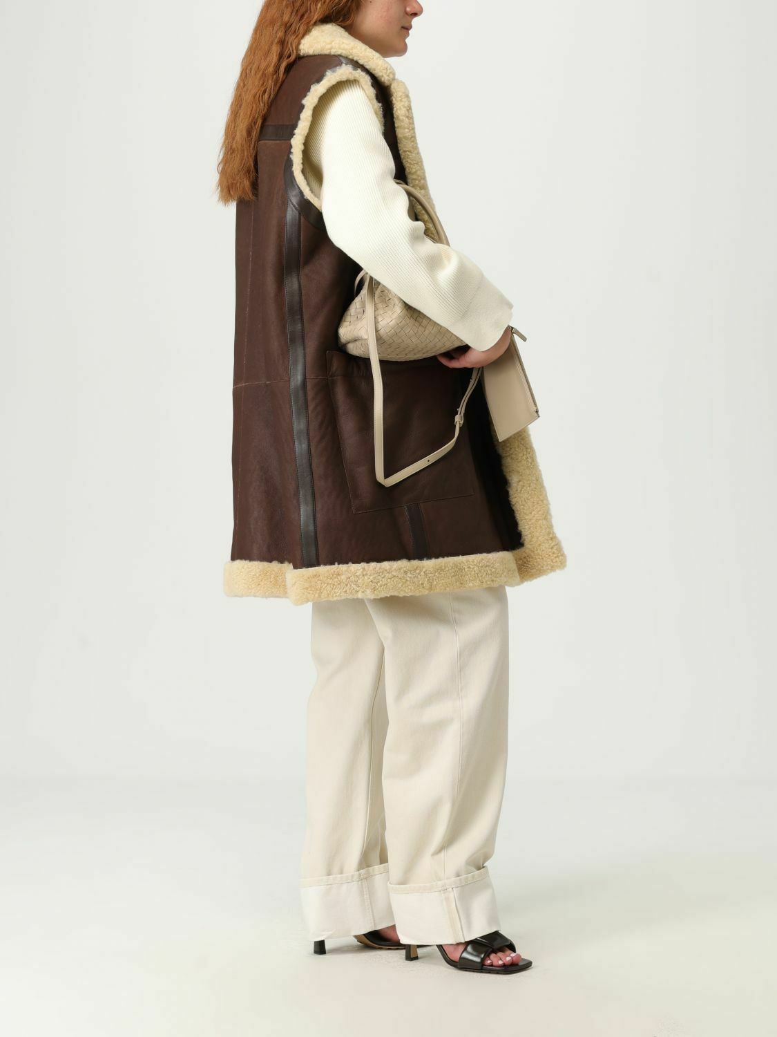 Leather Handbag with Intrecciato Weave and Top Handles Interior Pocket - Ecru / U EU