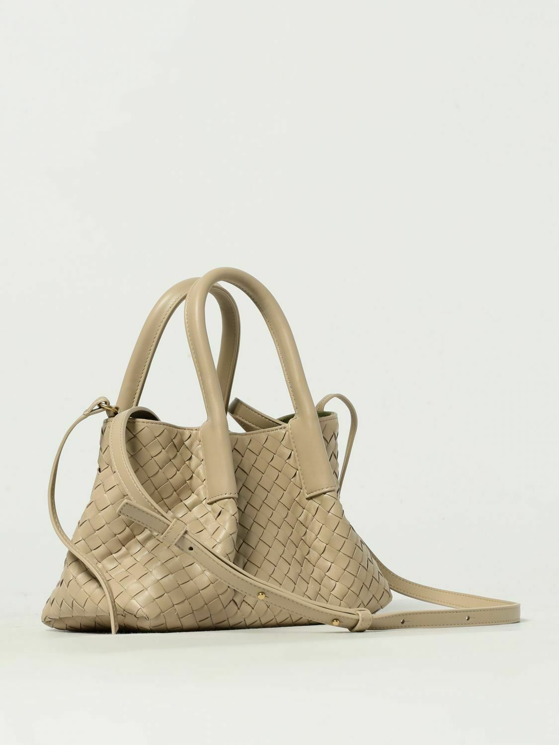 Leather Handbag with Intrecciato Weave and Top Handles Interior Pocket - Ecru / U EU