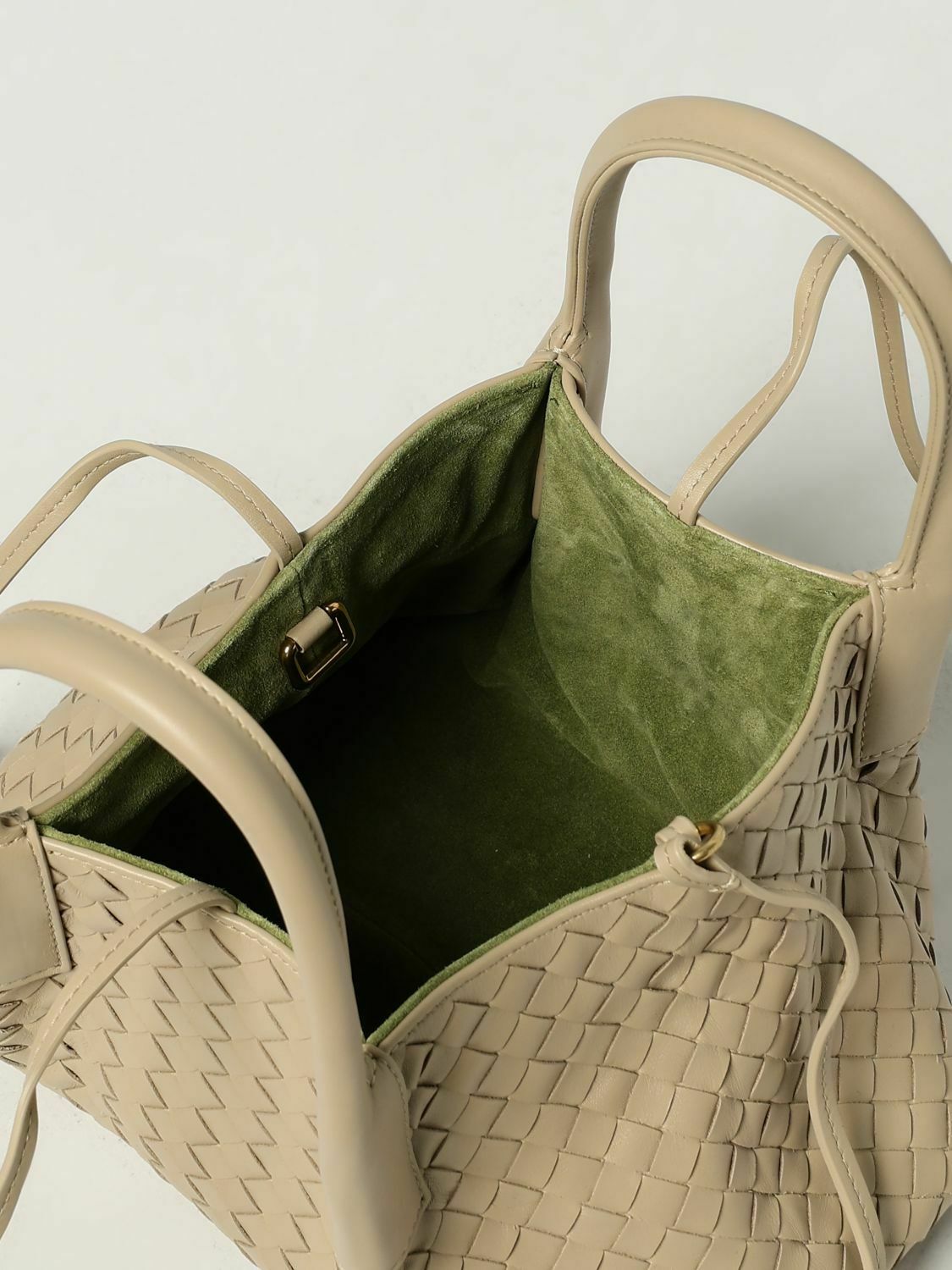 Leather Handbag with Intrecciato Weave and Top Handles Interior Pocket - Ecru / U EU