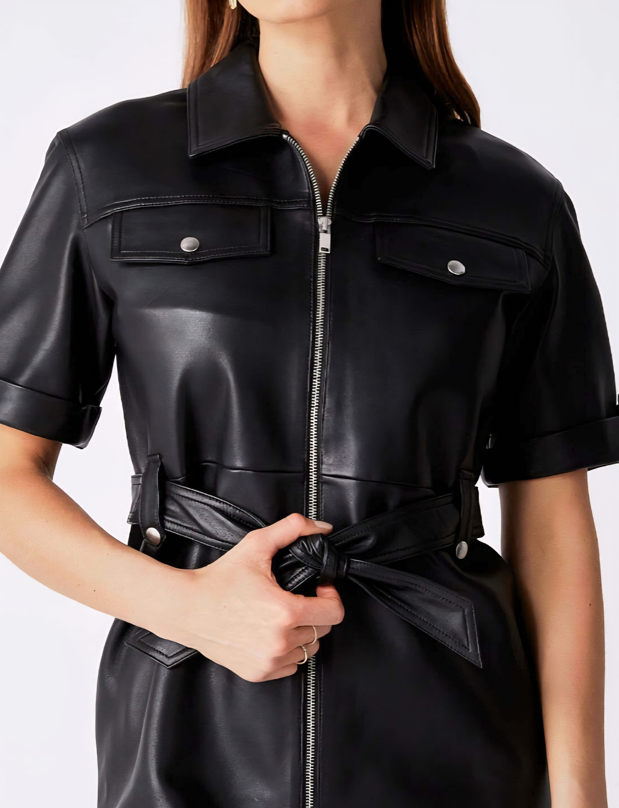 Belted Leather Zip Dress BLACK Size 8