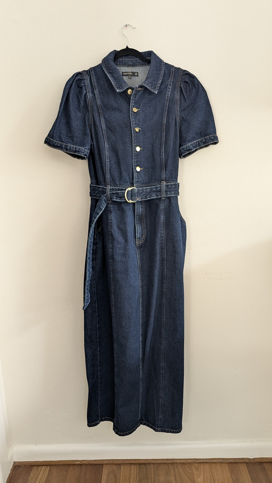 Denim long dress with puff sleeves 