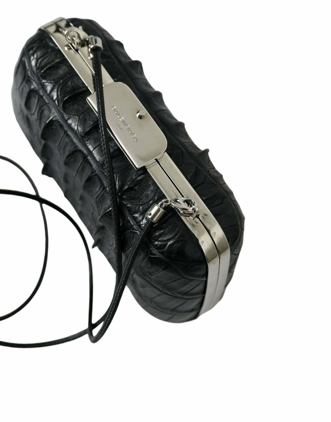 Sleek Crocodile Leather Evening Clutch with Silver Detailing - Black / One Size