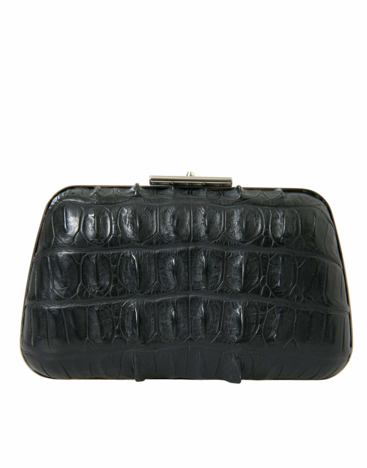 Sleek Crocodile Leather Evening Clutch with Silver Detailing - Black / One Size