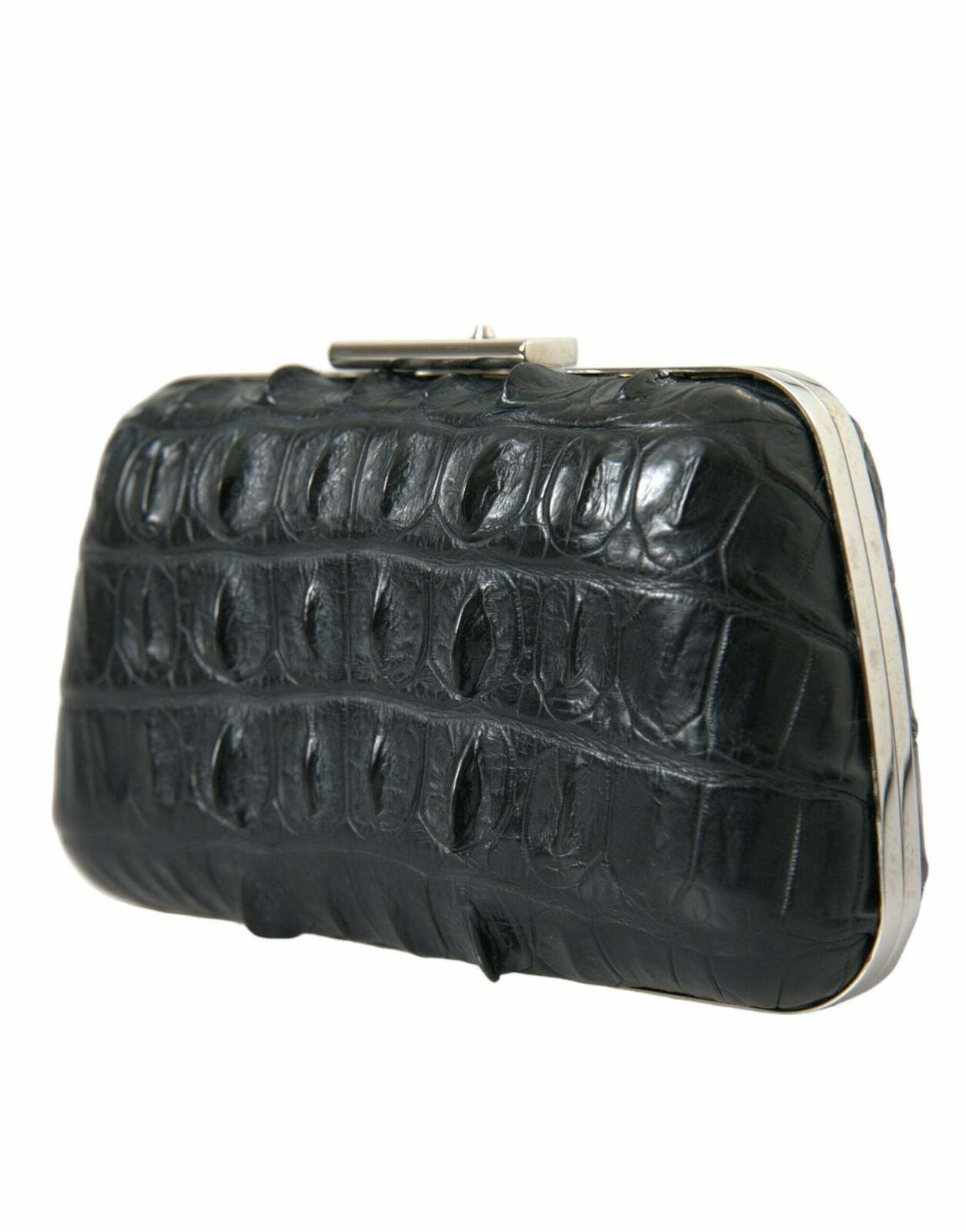 Sleek Crocodile Leather Evening Clutch with Silver Detailing - Black / One Size