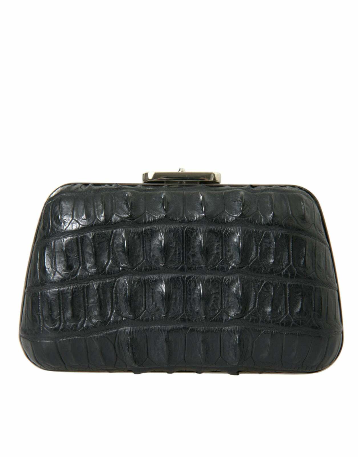 Sleek Crocodile Leather Evening Clutch with Silver Detailing - Black / One Size