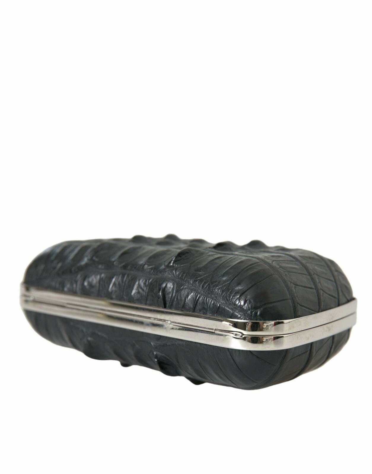 Sleek Crocodile Leather Evening Clutch with Silver Detailing - Black / One Size