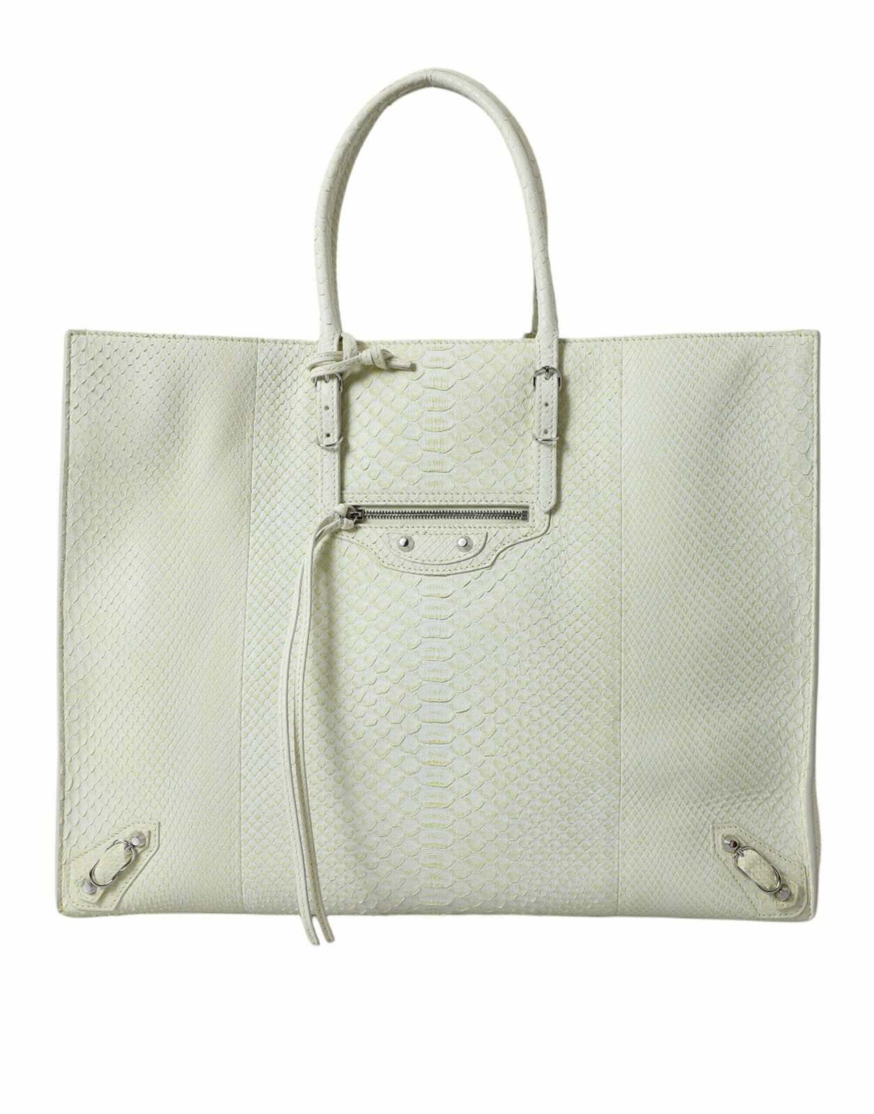 Luxury Python Leather Tote Bag with Front Zip Pocket and Silver Hardware - White / One Size