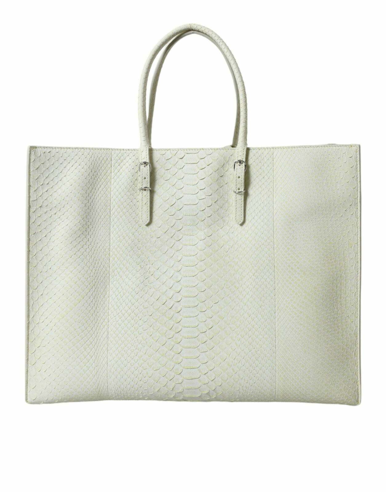 Luxury Python Leather Tote Bag with Front Zip Pocket and Silver Hardware - White / One Size
