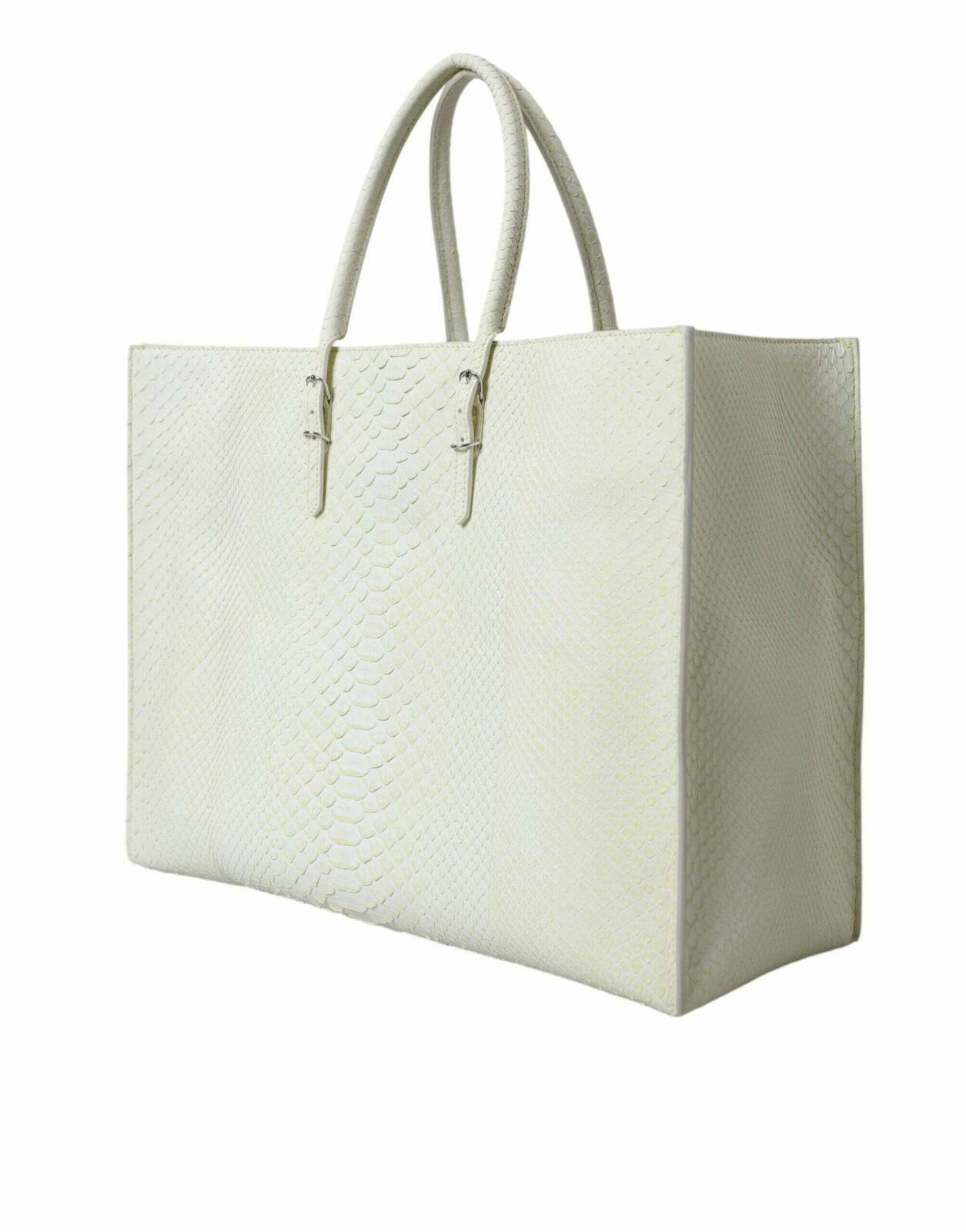 Luxury Python Leather Tote Bag with Front Zip Pocket and Silver Hardware - White / One Size