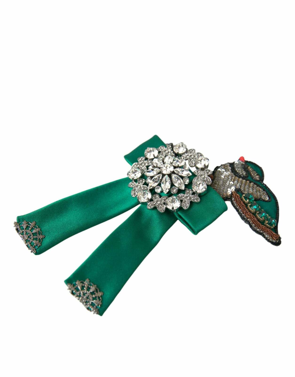 Green Silk Bow Tie with Bird Design - Green / One Size