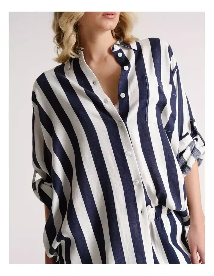- Linen Blend Shirt - Navy Stripe