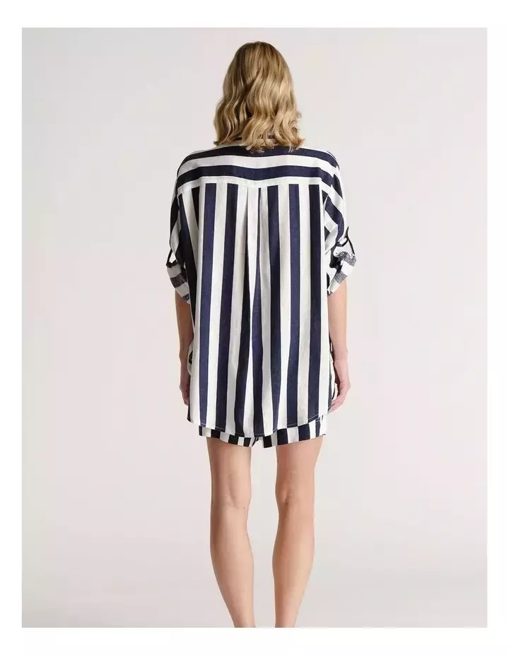 - Linen Blend Shirt - Navy Stripe