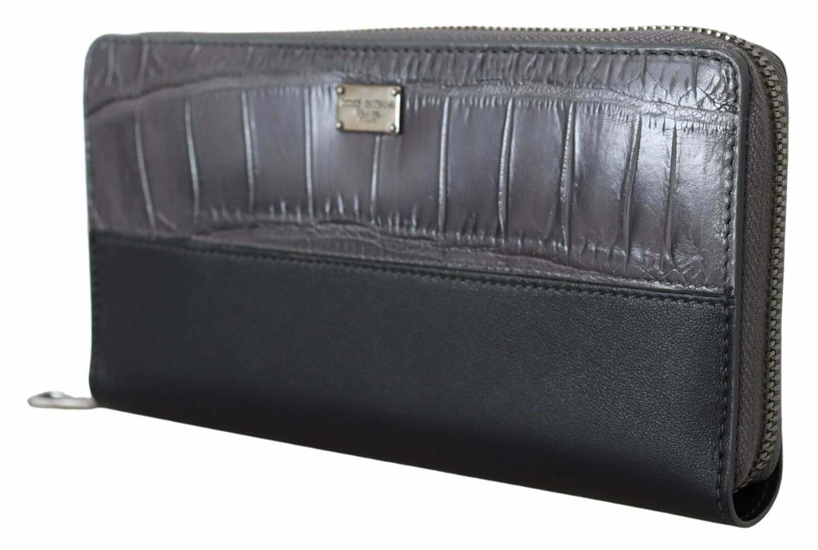 Zip Around Continental Clutch Leather Wallet - Black and Gray / One Size