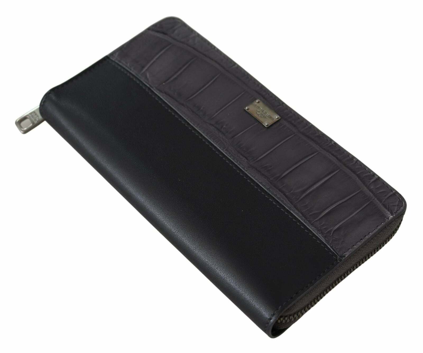 Zip Around Continental Clutch Leather Wallet - Black and Gray / One Size