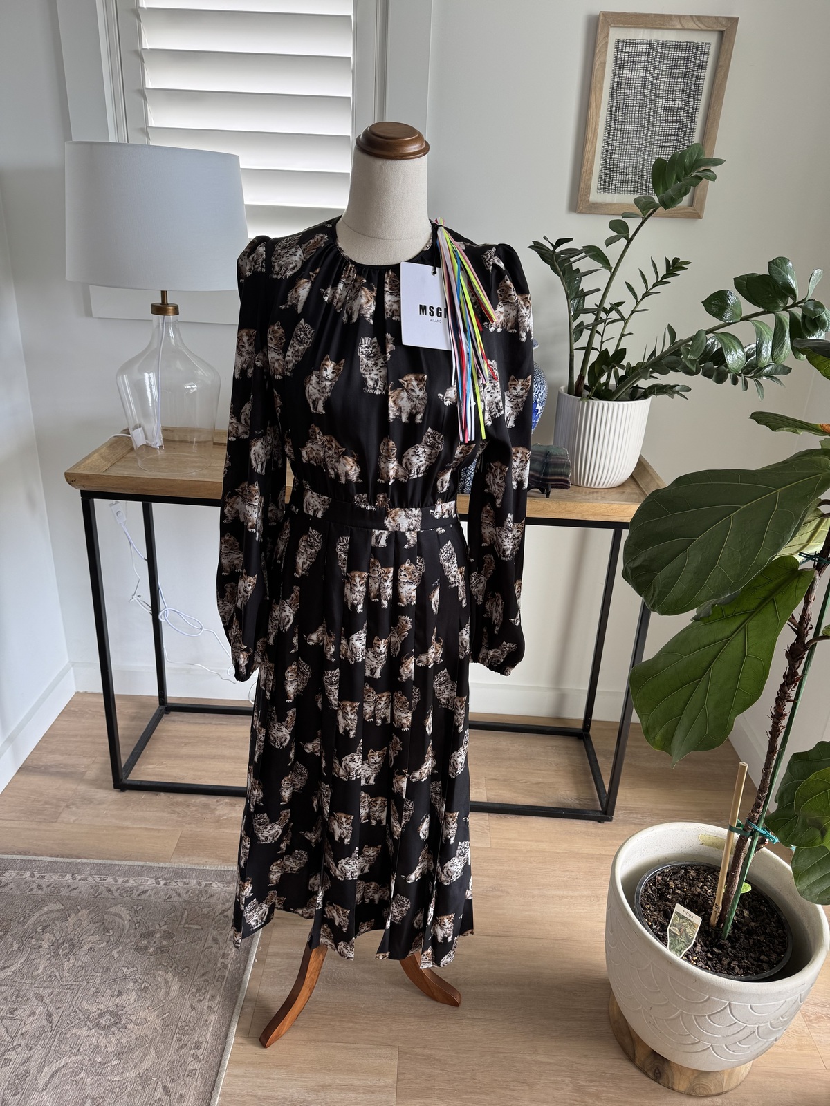 Cat Print long sleeve pleat dress