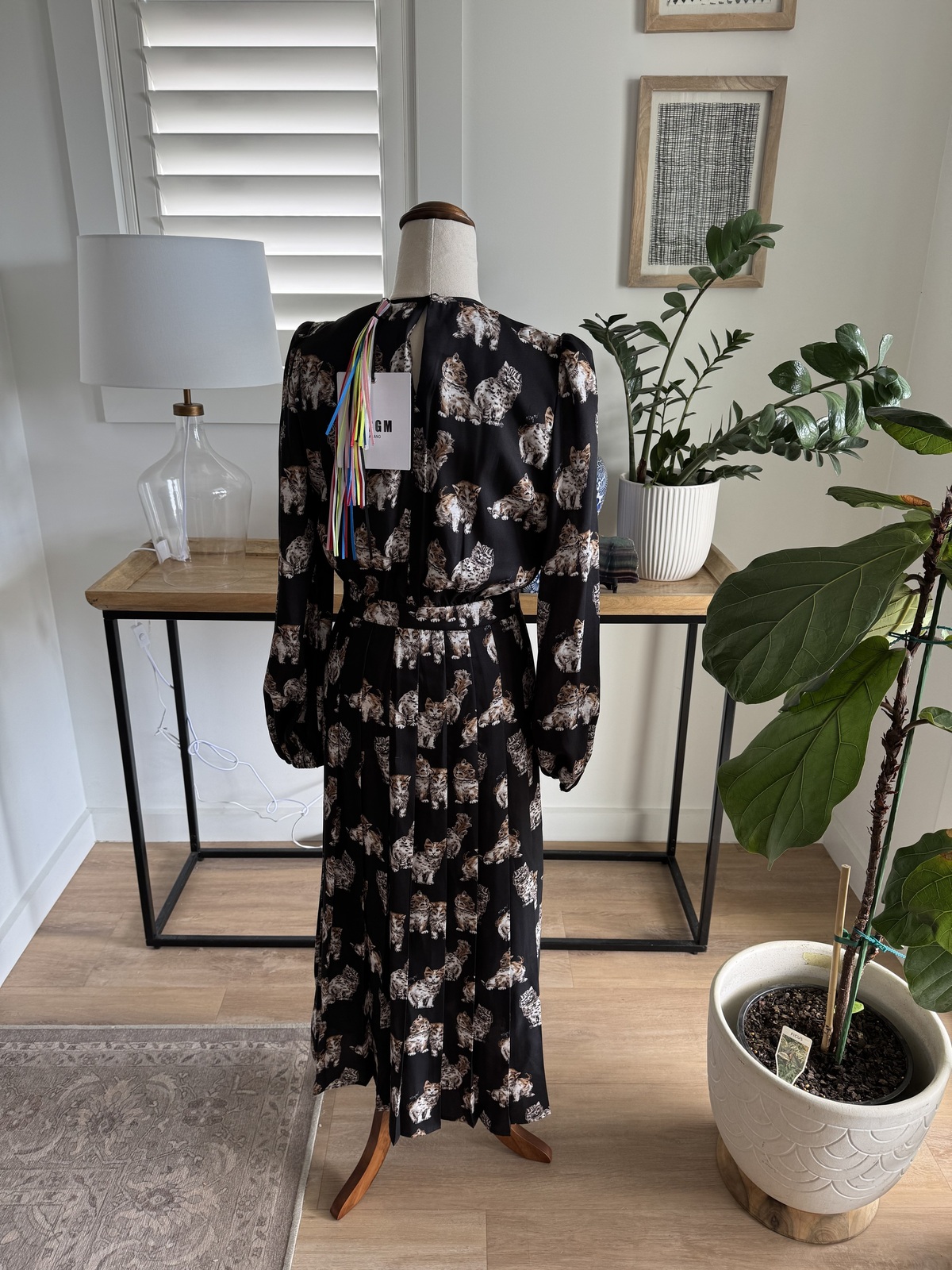 Cat Print long sleeve pleat dress