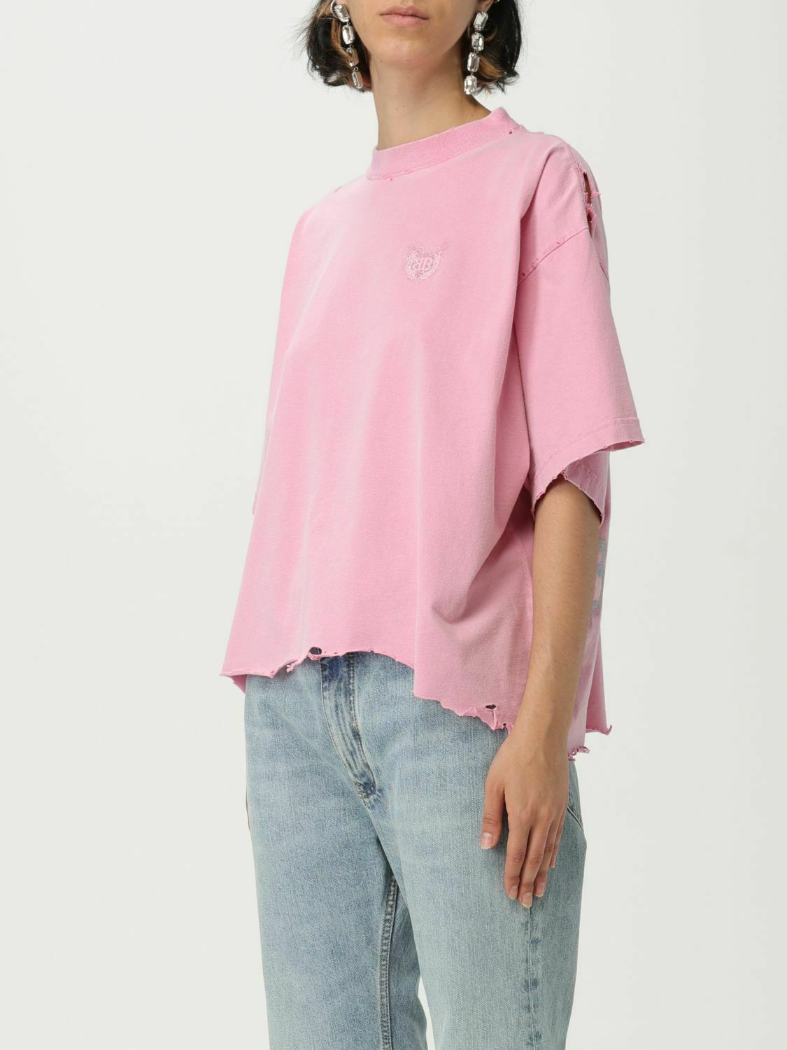 Cropped Hem Short Sleeve Cotton T-Shirt with Embroidered Detail - Pink / 2 EU