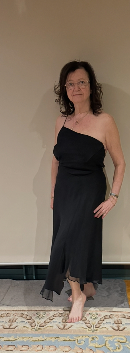 ALMOST New. Black silk backless evening dress, size 12,