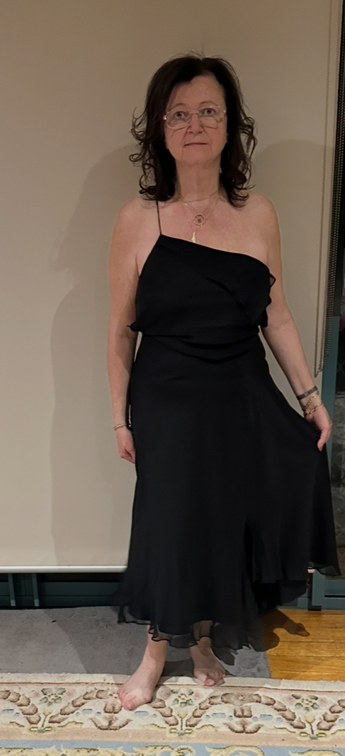 ALMOST New. Black silk backless evening dress, size 12,