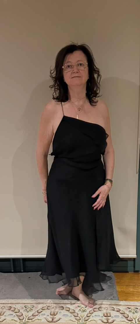 ALMOST New. Black silk backless evening dress, size 12,