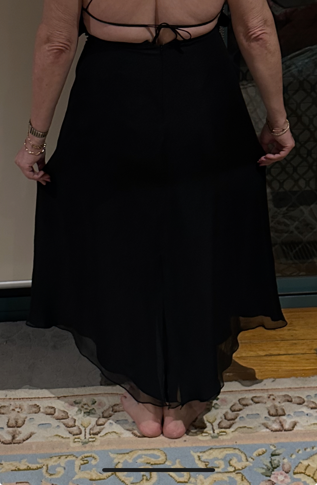 ALMOST New. Black silk backless evening dress, size 12,