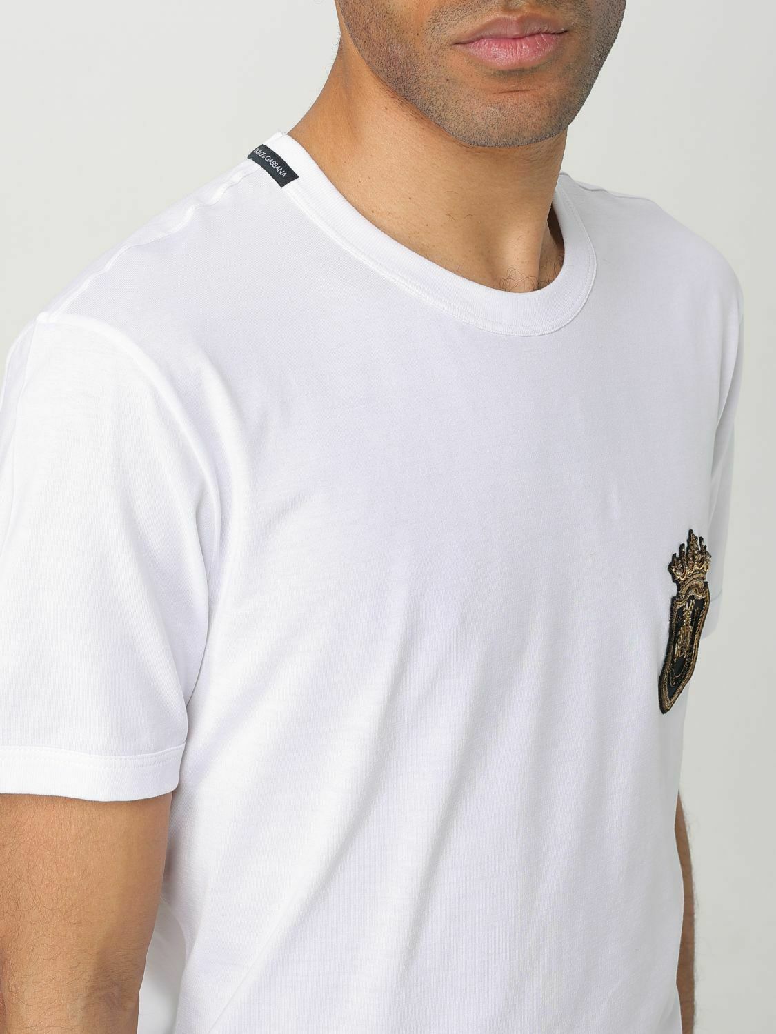 Applique Detail Cotton T-Shirt - Crew Neck Short Sleeves - White / 48 EU