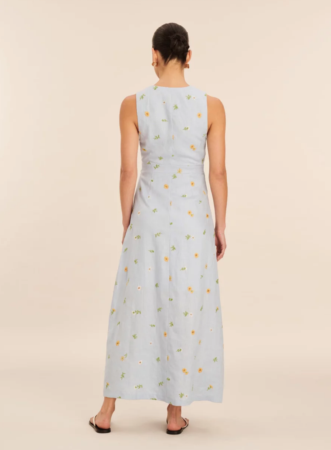 Embroidered Linen Tie Front Sunflower Light Blue Maxi Dress