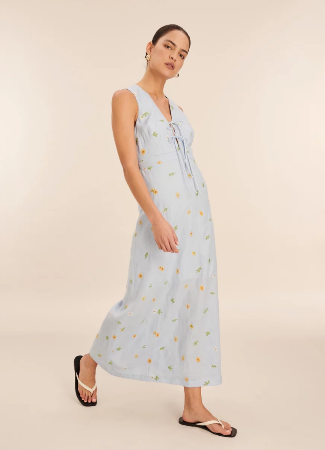 Embroidered Linen Tie Front Sunflower Light Blue Maxi Dress