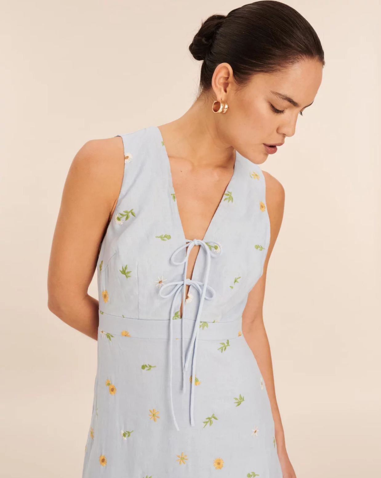 Embroidered Linen Tie Front Sunflower Light Blue Maxi Dress
