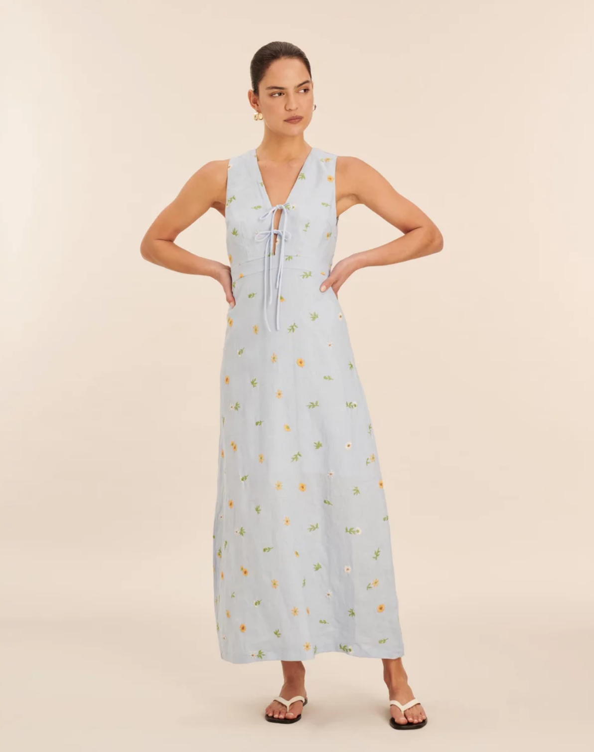 Embroidered Linen Tie Front Sunflower Light Blue Maxi Dress