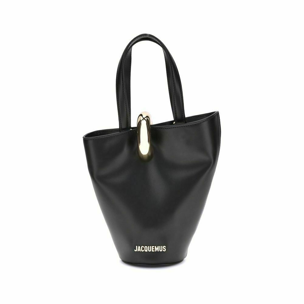 Sophisticated Small Leather Bucket Bag with Gold Metal Ring - Black / One Size