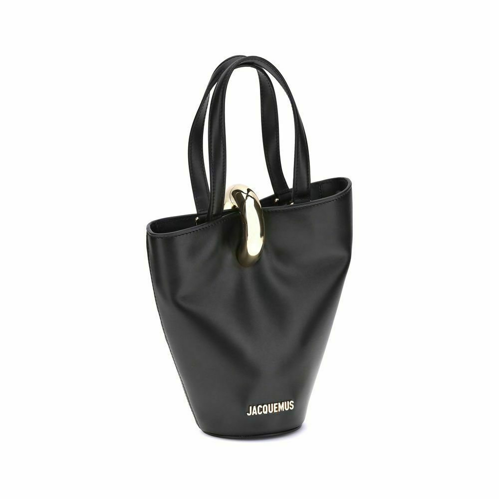 Sophisticated Small Leather Bucket Bag with Gold Metal Ring - Black / One Size