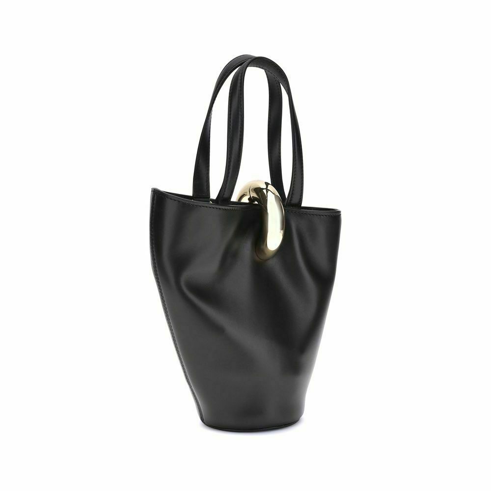 Sophisticated Small Leather Bucket Bag with Gold Metal Ring - Black / One Size