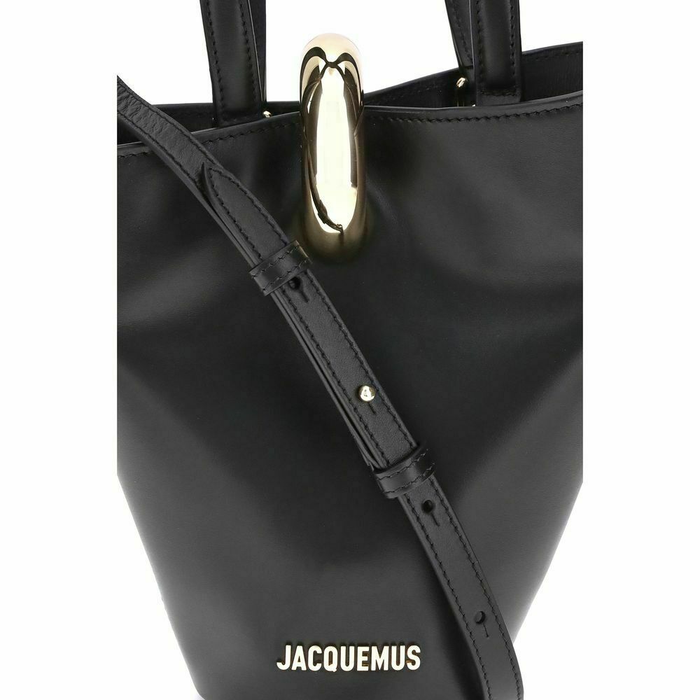 Sophisticated Small Leather Bucket Bag with Gold Metal Ring - Black / One Size