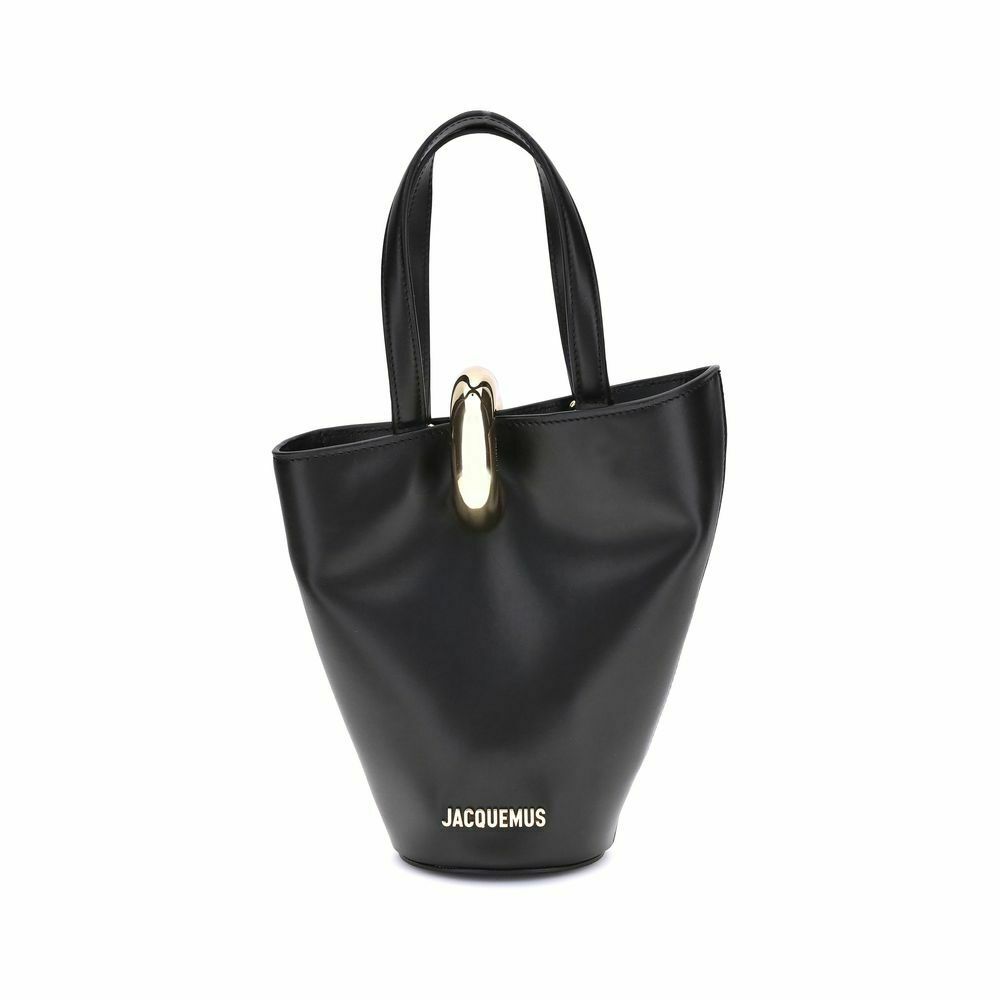 Sophisticated Small Leather Bucket Bag with Gold Metal Ring - Black / One Size