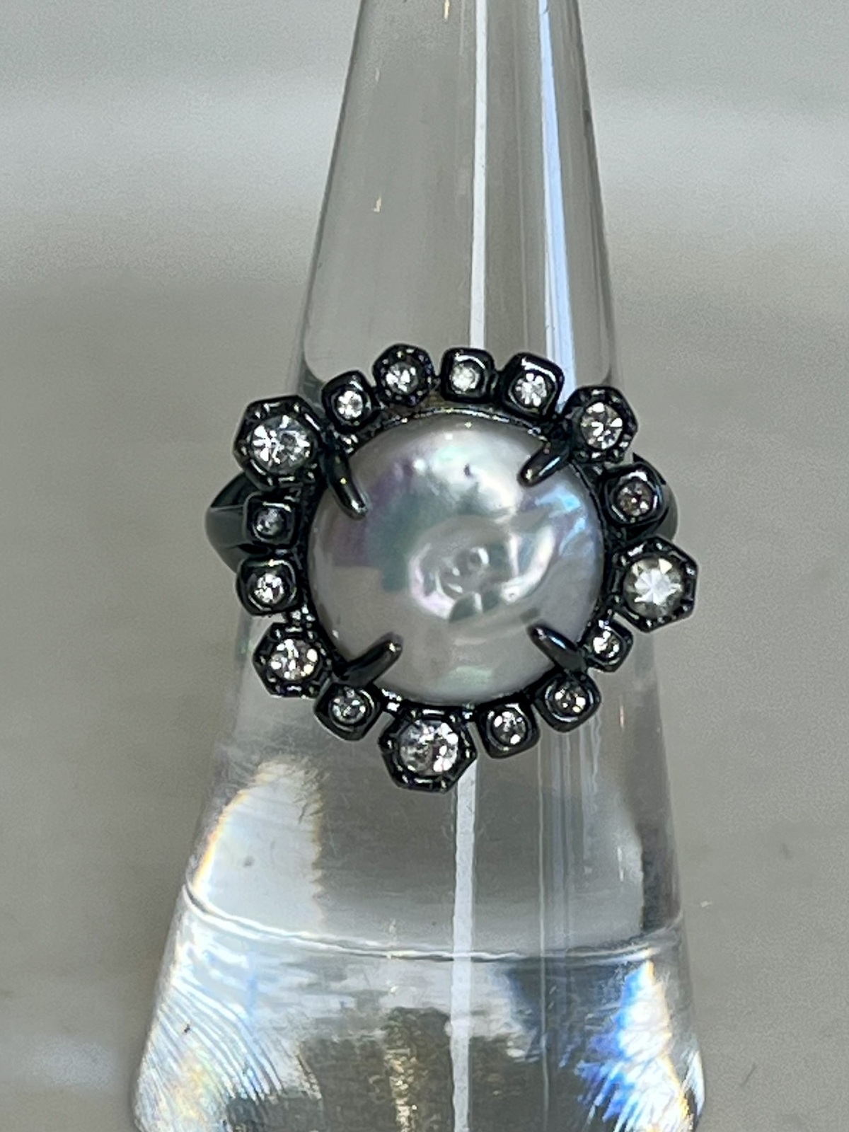 VINTAGE MIMCO FRESHWATER BAROQUE PEARL & CRYSTAL RING - SIZE 6