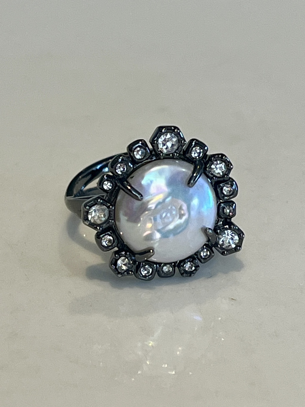 VINTAGE MIMCO FRESHWATER BAROQUE PEARL & CRYSTAL RING - SIZE 6
