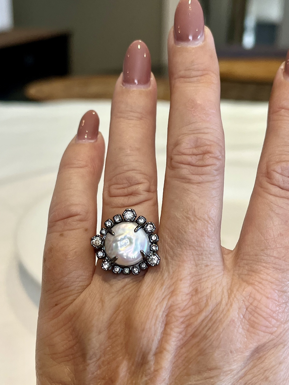 VINTAGE MIMCO FRESHWATER BAROQUE PEARL & CRYSTAL RING - SIZE 6