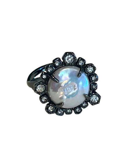 VINTAGE MIMCO FRESHWATER BAROQUE PEARL & CRYSTAL RING - SIZE 6