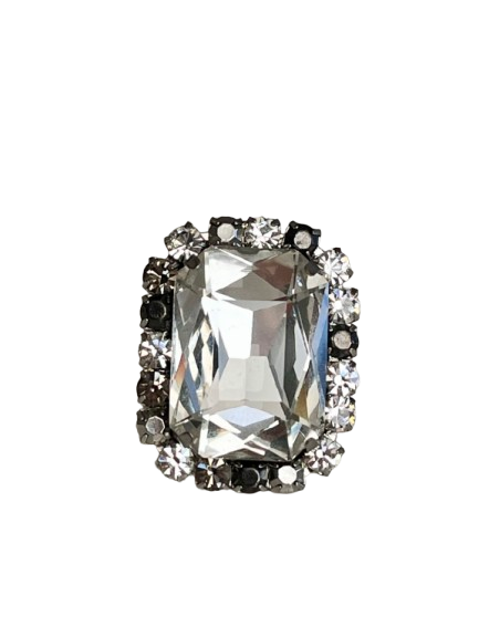  CLEAR CRYSTAL & HEMATITE COCKTAIL RING - SIZE 6.5-7
