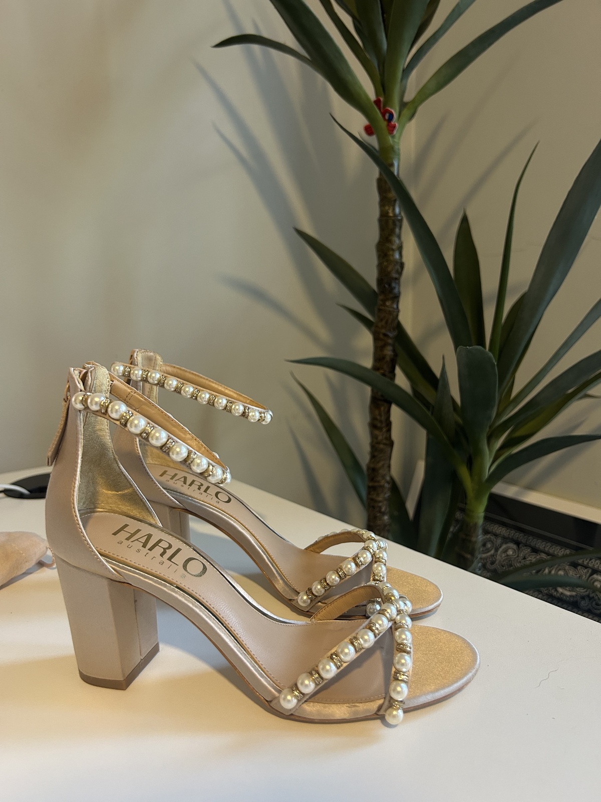 ALEXENE - NUDE PEARL LOW BLOCK BRIDAL HEEL